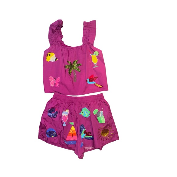 Set of shorts with a blouse with sequin appliqués, beautiful, one-piece - Picture 1 of 7